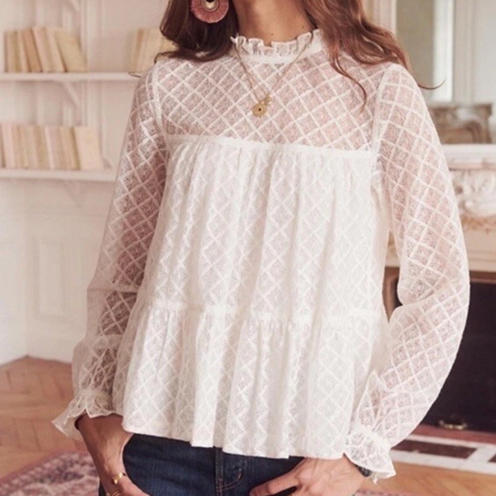 Sezane White Lace Peplum Long-Sleeve Top‎ Lace Size 36